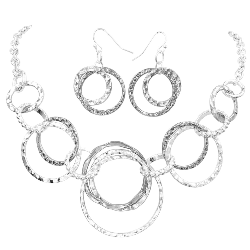 Hammered Rings Circle Silver Necklace Earrings Set